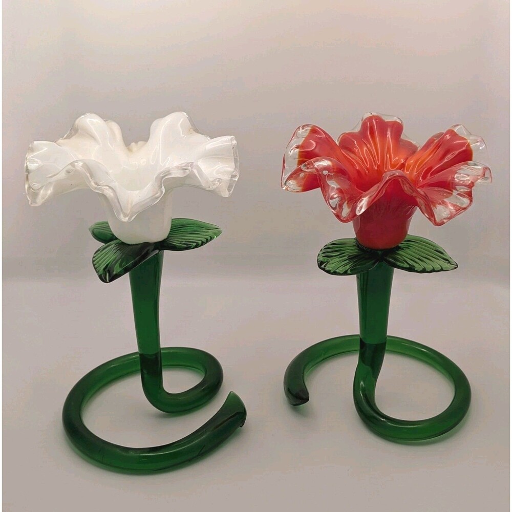 Hand Blown Art Glass Flower Lily Candle Holder Pair Red White Ruffled 6.5" AS IS